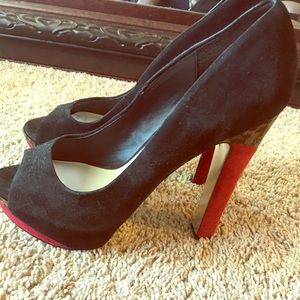 Black Red Leopard Suede Peep Toe Heel